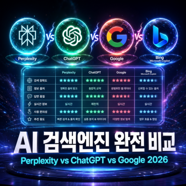 2026 AI 검색엔진 비교: Perplexity vs ChatGPT vs Google vs Bing 완전 분석